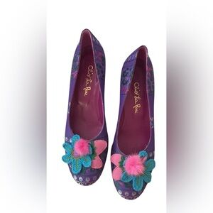 CLIO LA ROU Purple Satin Floral Wedges • Artsy Coquette Kawaii Crochet 8.5 VTG